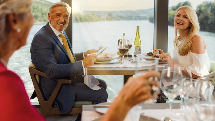 Guests enjoying dinner in the Rheinfels restaurant on Spirit of the Rhine